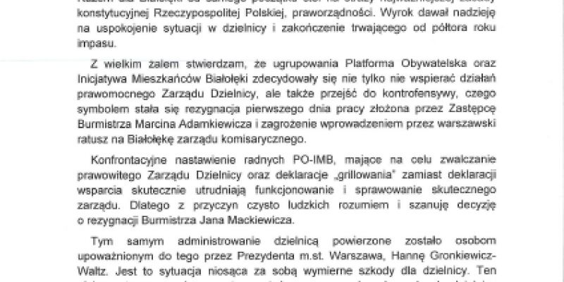 Zastępca Burmistrza dzielnicy Białołęki ogłosił stanowisko w sprawie rezygnacji Jana Mackiewicza ze stanowiska.